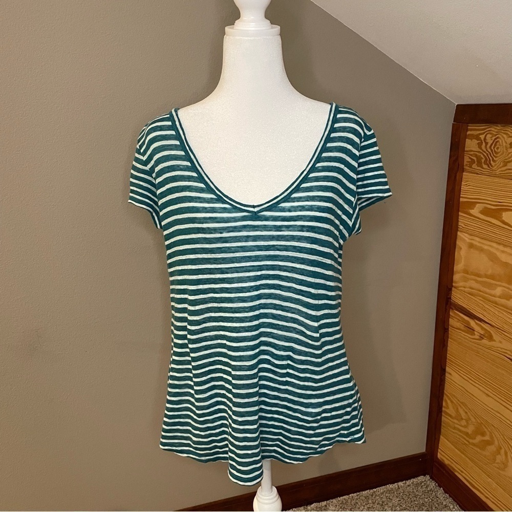 Paige Teal White Striped V-Neck Linen Short Sleeve Tee Extra Small